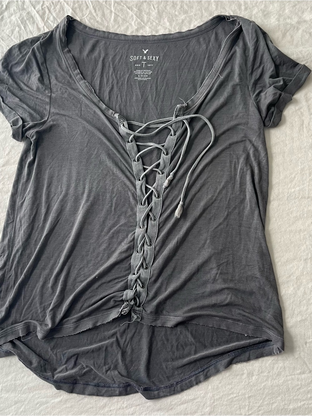 American Eagle Outfitters Charcoal Lace-Up Scoop Neck Tee